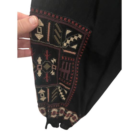 American Eagle Black Boho Embroidered Peasant Top Tassel Tie Neck Long Sleeve S - Picture 6 of 10